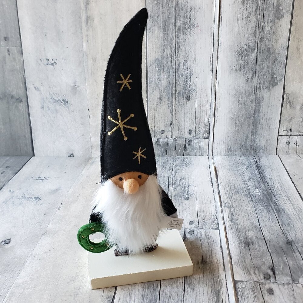 NWT - Felt Tabletop Gnome Decor - Features a black hat with snowflake-like